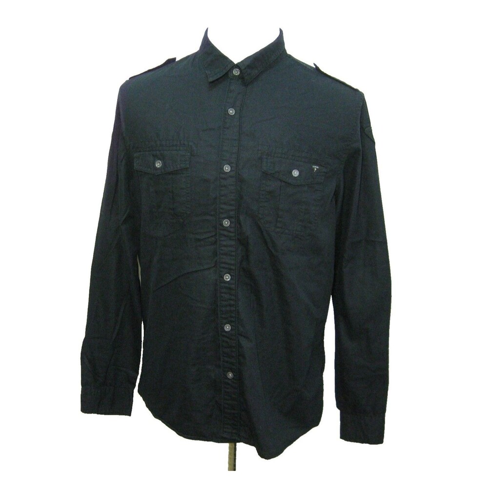 Guess Solid Black Shirt Mens Large Long Sleeve Button Front Pockets Cotton Top